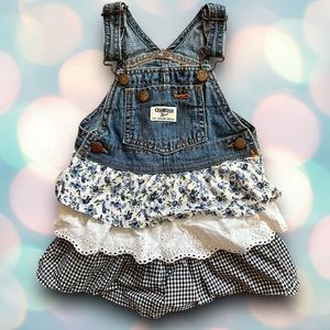 Oshkosh Baby Girl’s Ruffle Checked Denim Overalls Dress Size 18 Months